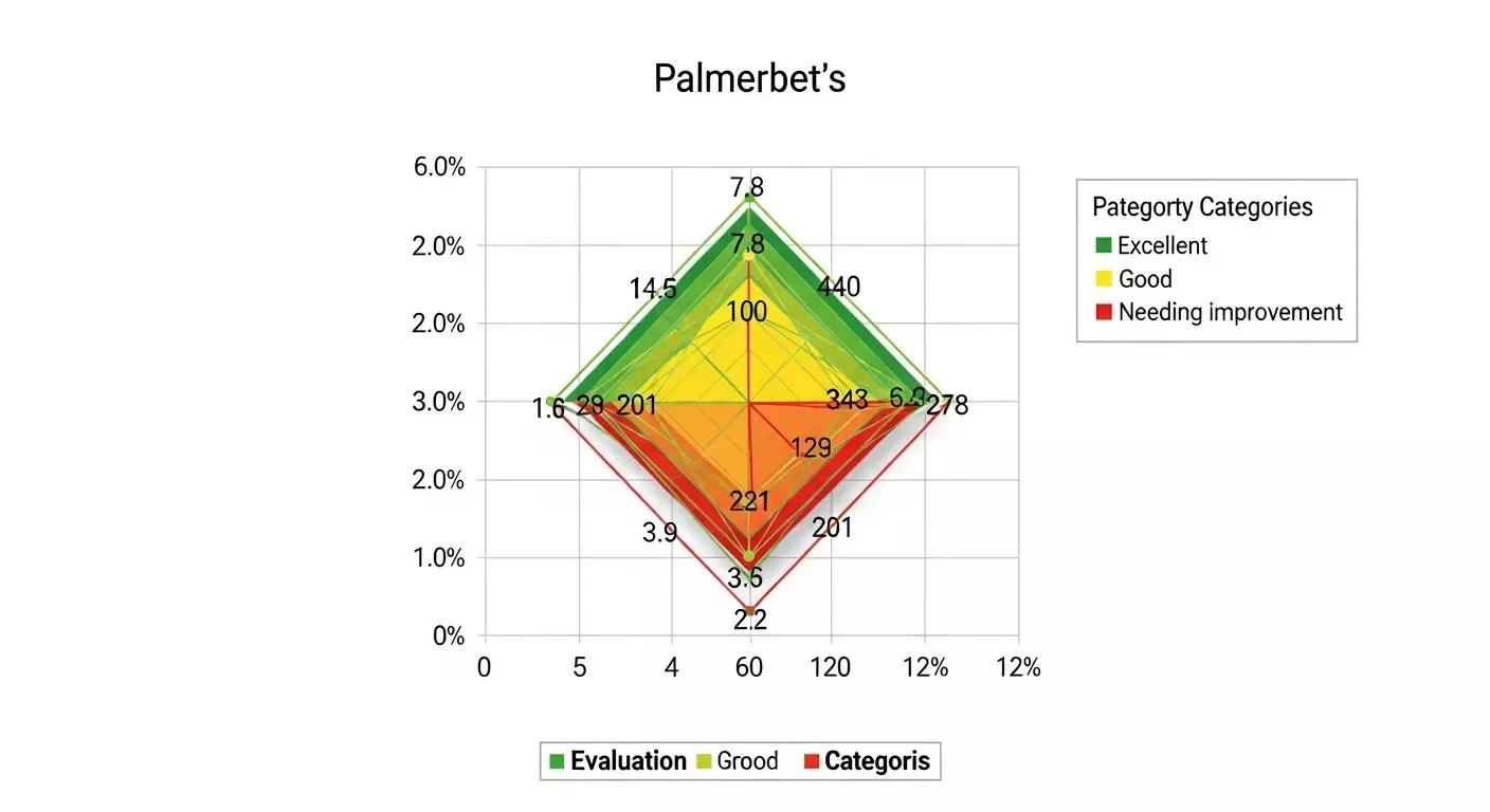 Radar chart showing Palmerbet's scores across 8 evaluation categories with color-coded performance levels.